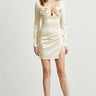 Satin Rosette Long-Sleeve Mini Dress (Champagne) front view showing mini dress silhouette