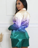 Satin Sunset Short and Blazer Set close up of blazer top design and fabric detail
