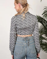 Satin Wrap Top Print Ivory with Long Sleeves and Self-Tie Detail - women's cropped top