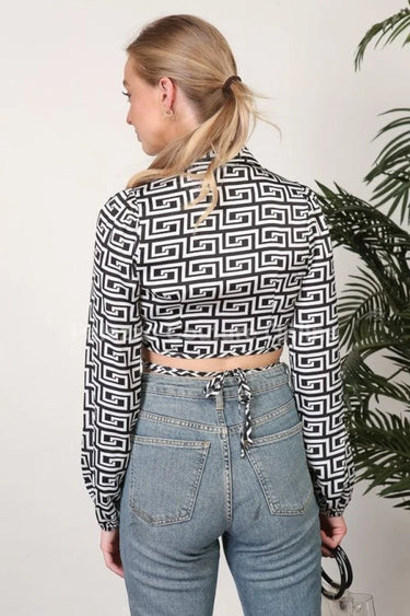 Satin Wrap Top Print Ivory with Long Sleeves and Self-Tie Detail - women's cropped top