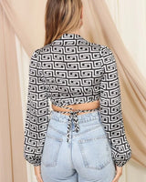 Satin Wrap Top Print Ivory with Long Sleeves and Self-Tie Detail - trendy women's top