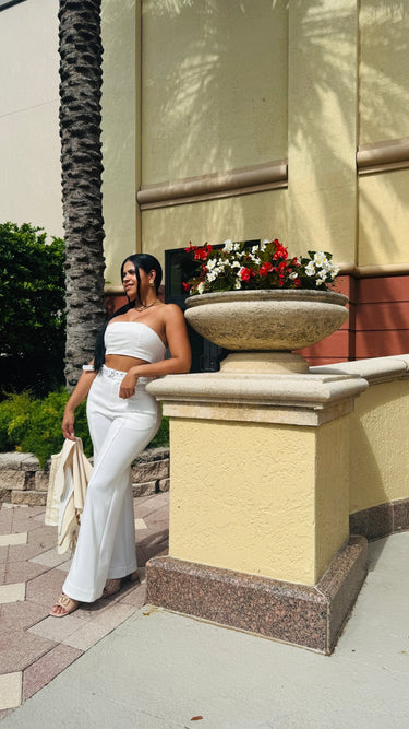 Sculpted Chic Tuxedo Pant Set - Cream - Palazzo Couture Online