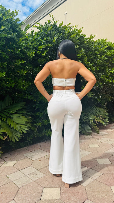 Sculpted Chic Tuxedo Pant Set - Cream - Palazzo Couture Online