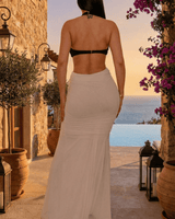 Sculpted Contrast Mermaid Halter Maxi Dress - Black/Ivory - Palazzo Couture Online