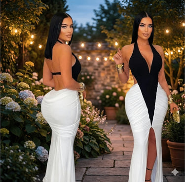 Elegant Black/Ivory mermaid maxi dress on model styled for evening event