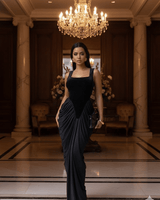 Sculpted Draped Hourglass Maxi Gown - All Black - Palazzo Couture Online