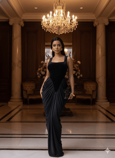 Sculpted Draped Hourglass Maxi Gown - All Black - Palazzo Couture Online