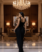 Sculpted Draped Hourglass Maxi Gown - All Black - Palazzo Couture Online