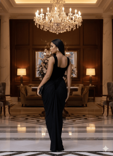 Sculpted Draped Hourglass Maxi Gown - All Black - Palazzo Couture Online