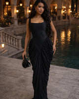 Sculpted Elegance Draped Maxi Dress - Black front view showing full-length maxi silhouette