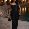 Sculpted Elegance Draped Maxi Dress - Black front view showing full-length maxi silhouette