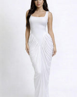Sculpted Elegance Draped Maxi Dress - White - Palazzo Couture Online