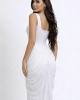 Sculpted Elegance Draped Maxi Dress - White - Palazzo Couture Online