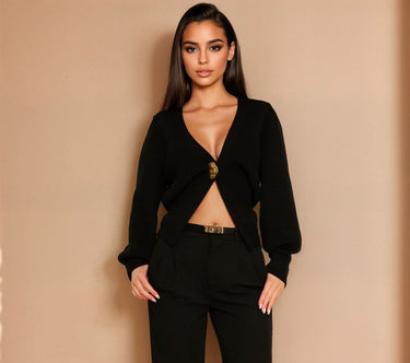 Sculpted Elegance Knit Sweater - Black - Palazzo Couture Online