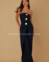 Sculpted Gold Button Denim Jumpsuit - Navy - elegant jumpsuit for parties and events