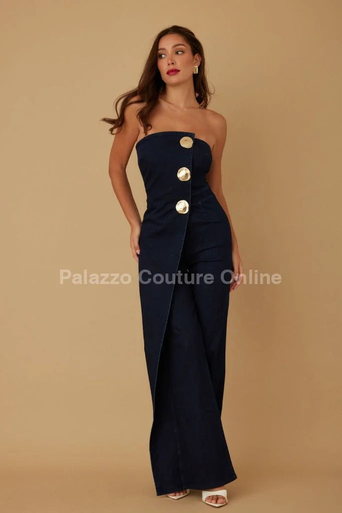 Palazzo Couture Online Women's Navy Denim Sculpted Gold Button Jumpsuit, Size L Palazzo Couture Online Women's Navy Denim Sculpted Gold Button Jumpsuit, Size L