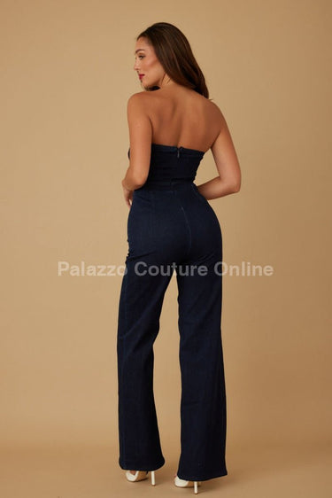 Sculpted Gold Button Denim Jumpsuit - Navy - Palazzo Couture Online