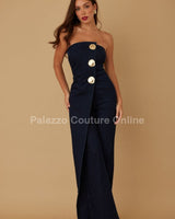 Sculpted Gold Button Denim Jumpsuit - Navy - Palazzo Couture Online