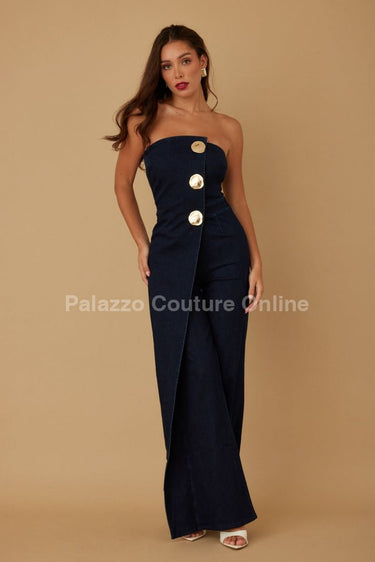 Sculpted Gold Button Denim Jumpsuit - Navy - Palazzo Couture Online