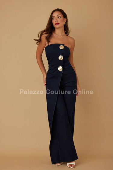 Sculpted Gold Button Denim Jumpsuit - Navy - Palazzo Couture Online