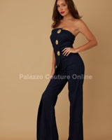 Sculpted Gold Button Denim Jumpsuit - Navy - Palazzo Couture Online