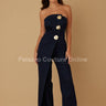 Sculpted Gold Button Denim Jumpsuit - Navy - Palazzo Couture Online