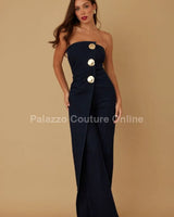 Sculpted Gold Button Denim Jumpsuit - Navy - women's one-piece outfit for going out
