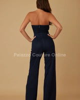 Sculpted Gold Button Denim Jumpsuit - Navy - trendy women's jumpsuit