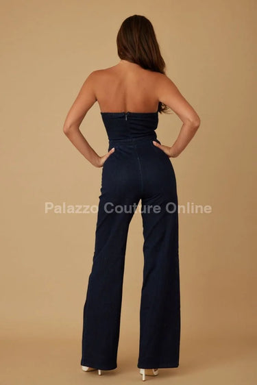 Sculpted Gold Button Denim Jumpsuit - Navy - trendy women's jumpsuit