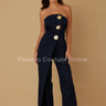Sculpted Gold Button Denim Jumpsuit - Navy for women - stylish jumpsuit by Palazzo Couture