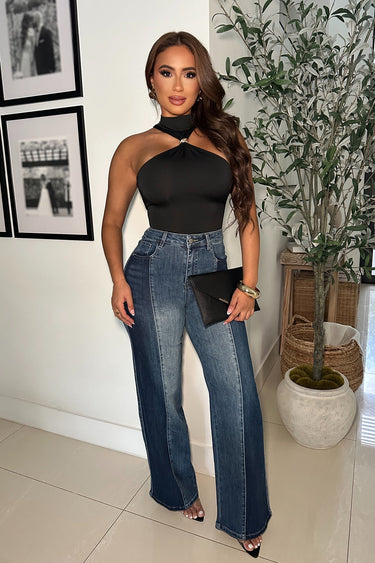 Sculpted Grace Halter Bodysuit - Black - Palazzo Couture Online