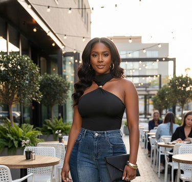 Sculpted Grace Halter Bodysuit - Black - Palazzo Couture Online