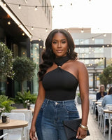Sculpted Grace Halter Bodysuit - Black front view showing bodysuit silhouette and fit