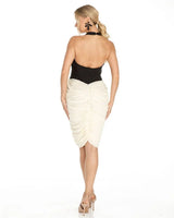 Sculpted Grace Ruched Midi Dress with High Neck Contrast Detail side view highlighting midi hemline