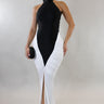 Sculpted Illusion Ruched Halter Maxi Dress - Black/White - Palazzo Couture Online