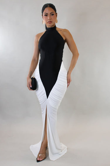 Sculpted Illusion Ruched Halter Maxi Dress - Black/White - Palazzo Couture Online