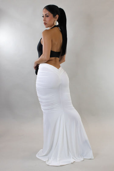 Sculpted Illusion Ruched Halter Maxi Dress - Black/White - Palazzo Couture Online