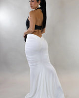 Sculpted Illusion Ruched Halter Maxi Dress - Black/White close up detail of halter design and fabric