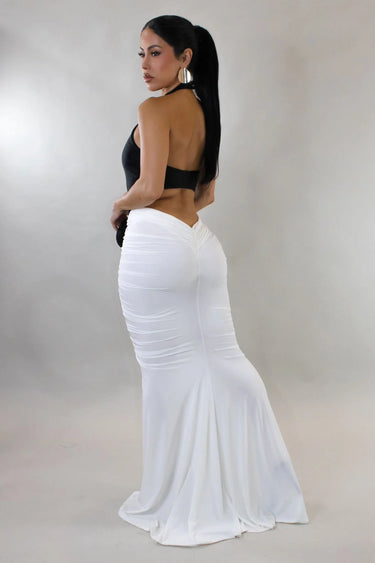 Sculpted Illusion Ruched Halter Maxi Dress - Black/White close up detail of halter design and fabric
