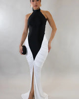 Sculpted Illusion Ruched Halter Maxi Dress - Black/White front view showing full-length maxi silhouette
