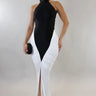 Sculpted Illusion Ruched Halter Maxi Dress - Black/White front view showing full-length maxi silhouette