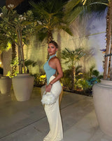 Sculpted Illusion Ruched Halter Maxi Dress - Blue - Palazzo Couture Online