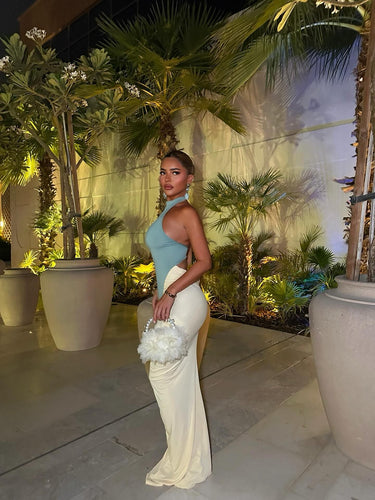 Sculpted Illusion Ruched Halter Maxi Dress - Blue - Palazzo Couture Online