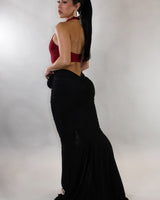 Sculpted Illusion Ruched Halter Maxi Dress - Burgundy - Palazzo Couture Online