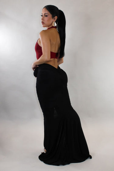 Sculpted Illusion Ruched Halter Maxi Dress - Burgundy - Palazzo Couture Online