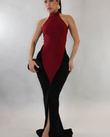 Sculpted Illusion Ruched Halter Maxi Dress - Burgundy - Palazzo Couture Online