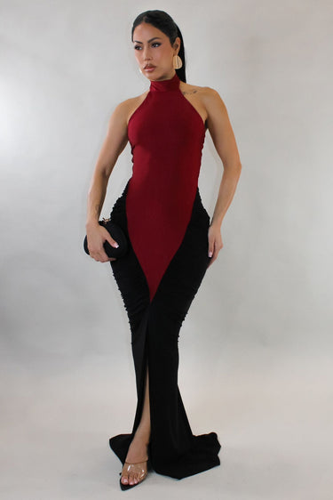 Sculpted Illusion Ruched Halter Maxi Dress - Burgundy - Palazzo Couture Online