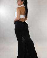 Sculpted Illusion Ruched Halter Maxi Dress - White/Black - Palazzo Couture Online