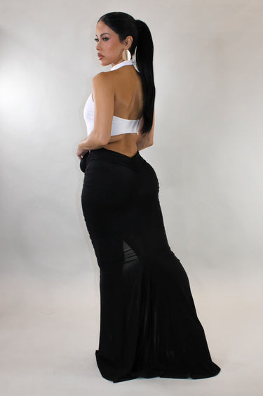 Sculpted Illusion Ruched Halter Maxi Dress - White/Black - Palazzo Couture Online