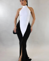 Sculpted Illusion Ruched Halter Maxi Dress - White/Black close up detail of halter design and fabric